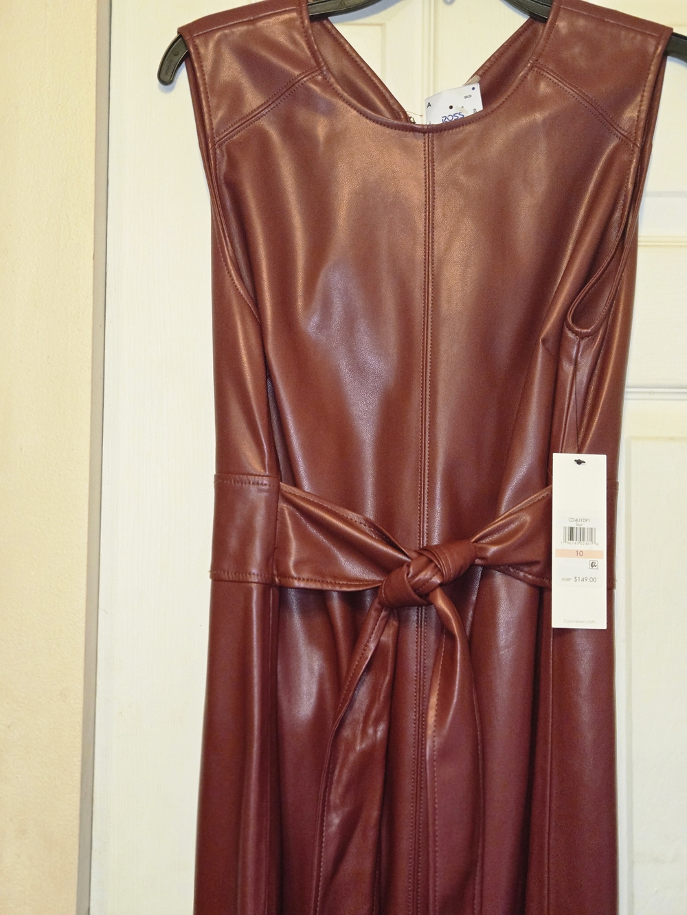 Calvin Klein Sleeveless Faux Leather Tie-Waist Dress - Burgundy